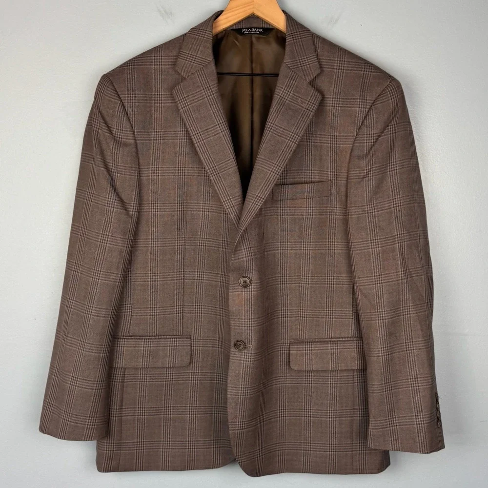 Jos A Bank Executive Mens 42 Short Brown Plaid Wool Two Button Blazer Sport Coat
